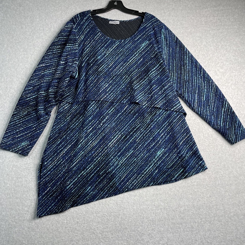 Catherine's Tunic Top Women's 1X Blue Striped Asymmetrical Long Sleeve
